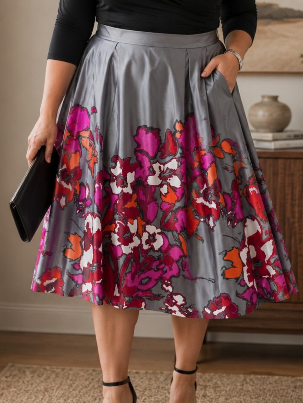 Lane Bryant Size 18 Gray Floral Fit & Flare Skirt Pink Orange